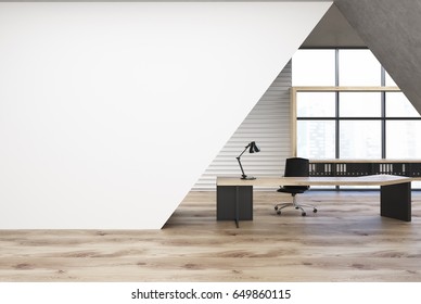 CEO office interior with a black wooden table, a chair, a panoramic window and a white triangular decoration element. 3d rendering, mock up