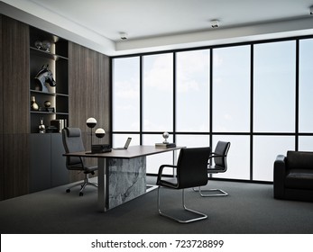 CEO Office Interior With Wood Wall Decoration 3D Render