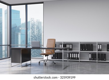 A CEO Workplace In A Modern Corner Panoramic Office With Singapore City View. A Black Desk With A Laptop, Brown Leather Chair And A Bookshelf With Black Document Folders. 3D Rendering.