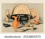 Ceramic Art: Ancient Greek, Cyprian and Etruscan, a collection of everyday ceramic tools used in the ancient times, vintage illustration of ancient greek ceramics, greek ceramic collection