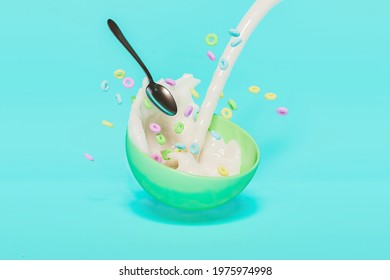 Ceramic Bowl With Splashes Of Milk And Cereal Falling With Pastel Colors And A Spoon Floating In The Air. 3d Render