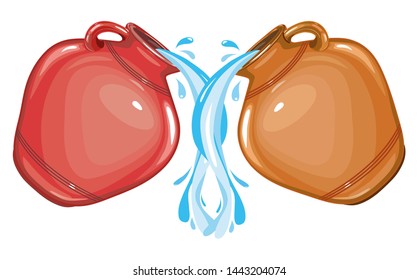 Ceramic, Glossy Pitcher. Clay Jug Of Water, Water Is Pouring. Dishes For Liquid. Ceramics. Isolated, White. Illustration