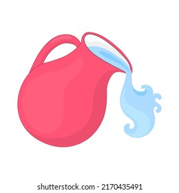 Ceramic, Glossy Pitcher. Clay Jug Of Water, Water Is Pouring. Dishes For Liquid. Ceramics. Isolated, White. Illustration