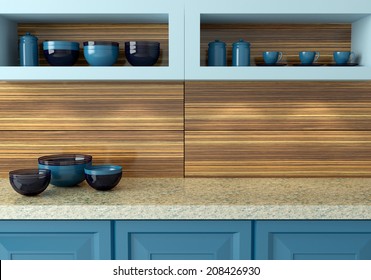 Ceramic Kitchenware On The Marble Worktop. Plates, Cups On The Shelf. Blue Kitchen Design.