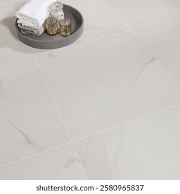 Ceramic plate with pattern on floor in living room, books tacked on that, white marble floor. High Resolution. 3D Illustrations. Mockup. 3D Rendering
