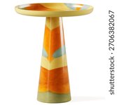 Ceramic side table with round top and tapered cone base, hand-painted abstract color pattern in orange, cream and sage tones, glossy glazed finish. Isolated on white background. 3d render.