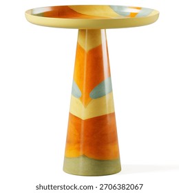 Ceramic side table with round top and tapered cone base, hand-painted abstract color pattern in orange, cream and sage tones, glossy glazed finish. Isolated on white background. 3d render.