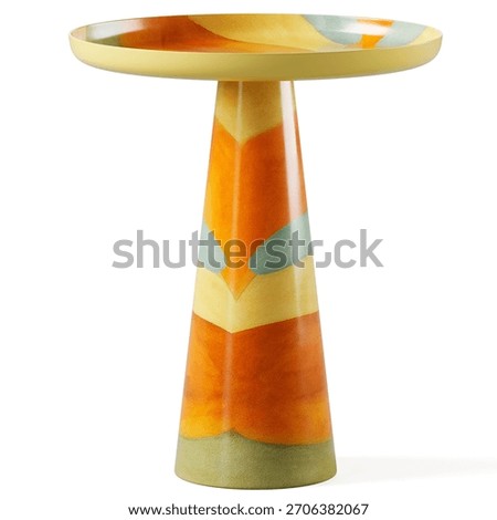 Ceramic side table with round top and tapered cone base, hand-painted abstract color pattern in orange, cream and sage tones, glossy glazed finish. Isolated on white background. 3d render.