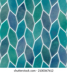 Ceramic tiles with elongated hexagon pattern, turquoise color, seamless texture, 3d illustration