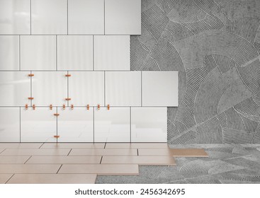 Ceramic tiles on the wall and floor in the install process. 3d illustration - Powered by Shutterstock