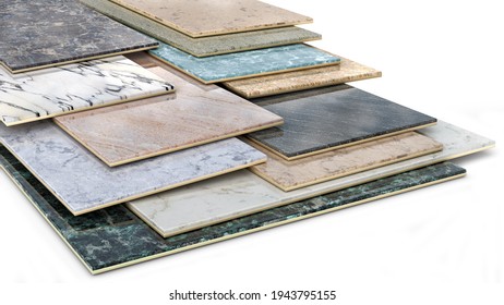 Ceramic tiles samples in different sizes and colour spectrum stacked one on another, 3d illustration