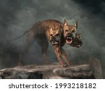 Cerberus, the hound of Hades, from Greek mythology is the guardian to the entrance to the underworld. The legendary three headed monster dog of myth and fantasy is a fearsome creature. 3D Rendering