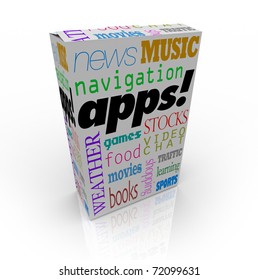 A cereal box with the word Apps and a listing of many different types op application software programs - music, movies, navigation and more