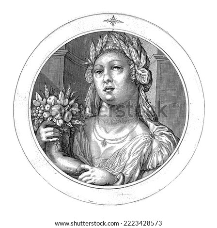 Ceres with cornucopia, Jacob Matham, 1599 - 1600, vintage engraved.