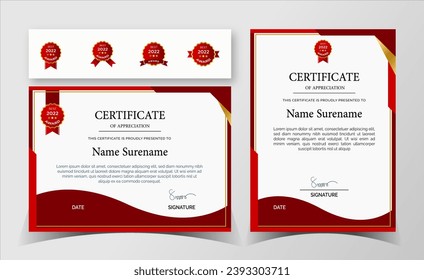 Certificate of appreciation template, red and gold color. Clean modern certificate with badge. - Powered by Shutterstock