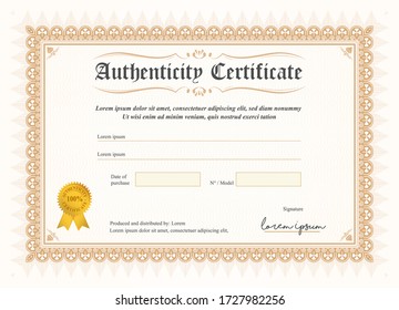 Certificate Of Authenticity, Vector Illustration With Watermark And Stamp. A5 Format. Gold Colour