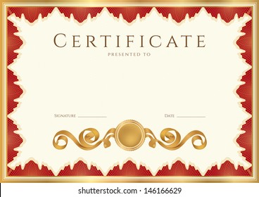 Certificate of completion (template, background) with guilloche pattern (watermark), red (maroon) floral border.  Design for diploma, invitation, gift voucher, award (winner). Vector in Portfolio