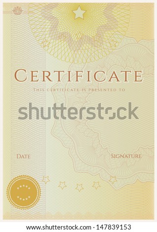 Certificate of completion (template or sample background) with guilloche pattern (watermarks), border. Design for diploma, invitation, gift voucher, official, awards (winner). Vector in Portfolio
