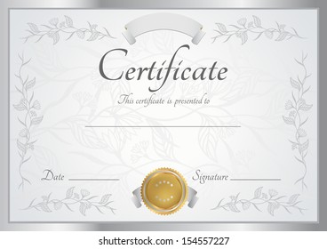 Certificate, Diploma of completion (design template, background). Floral (scroll, swirl) pattern (watermark), border, frame. Silver Certificate of Achievement, Certificate of education, awards, winner - Powered by Shutterstock