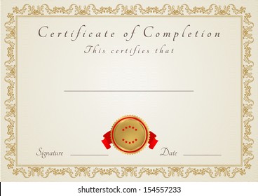 Certificate, Diploma of completion (design template, background). Gold Floral (scroll, swirl) pattern (watermark), border, frame. Vintage Certificate of education, awards, winner - Powered by Shutterstock