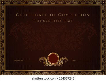 Certificate, Diploma of completion (design template, background). Gold Floral (scroll, swirl) pattern (watermark), border, frame. Dark brown Certificate of education, awards, winner - Powered by Shutterstock