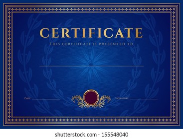 Certificate, Diploma of completion (design template, background) with guilloche pattern (watermark), border, frame. Blue Certificate of Achievement, Certificate of education, coupon, awards, winner - Powered by Shutterstock