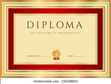 Certificate, Diploma of completion (design template, background) with border, gold frame. Red Certificate of Achievement, Certificate of education, coupon, awards, winner - Powered by Shutterstock