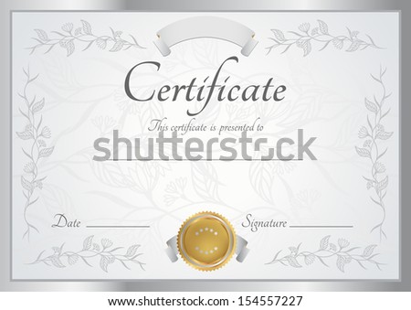 Certificate, Diploma of completion (design template, background). Floral (scroll, swirl) pattern (watermark), border, frame. Silver Certificate of Achievement, Certificate of education, awards, winner