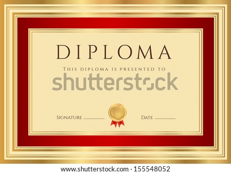 Certificate, Diploma of completion (design template, background) with border, gold frame. Red Certificate of Achievement, Certificate of education, coupon, awards, winner