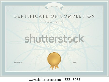 Certificate, Diploma of completion (design template, background) with guilloche pattern (watermark), border, frame. Blue Certificate of Achievement, Certificate of education, coupon, awards, winner