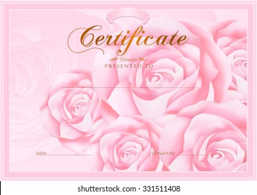 Certificate, Diploma of completion (Rose design template, flower background) with floral, pattern, border, frame. Coupon of achievement,  School awards, pink female winner certificate  - Powered by Shutterstock