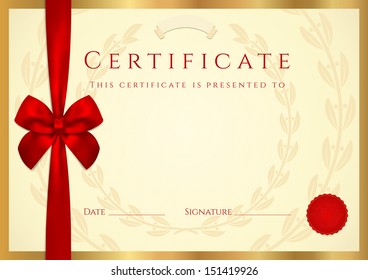 Certificate, Diploma of completion (template, background). Gold floral (scroll, swirl) pattern (watermark), border, frame, bow. Certificate of Achievement, awards, winner.  - Powered by Shutterstock