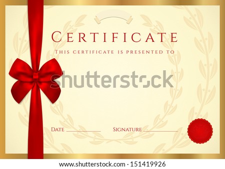 Certificate, Diploma of completion (template, background). Gold floral (scroll, swirl) pattern (watermark), border, frame, bow. Certificate of Achievement, awards, winner. 