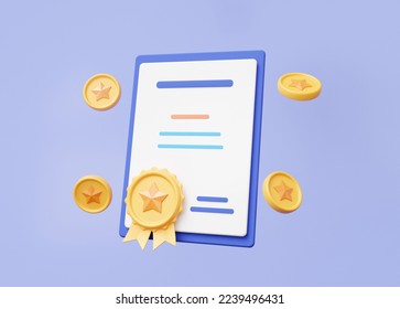 Certificate icon with coin star floating on pastel background Quality courses exam education information warranty knowledge document assurance guarantee. Minimal cartoon style. 3d rendering - Powered by Shutterstock