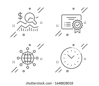 Certificate, International globe and Check investment line icons set. Time management sign. Verified document, World networking, Business report. Office clock. Education set. - Powered by Shutterstock