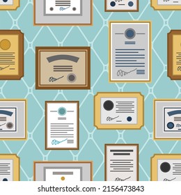 Certificate on wall pattern seamless. Diploma sign background. Award icon ornament.  texture