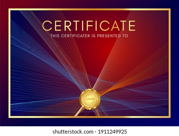 Certificate template with Guilloche pattern (lines), frame border and gold medal. Blue and red background for Diploma, deed, certificate of appreciation, achievement, attendance, award plaque design - Powered by Shutterstock