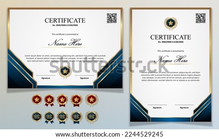 Certificate template modern Luxury using Gold ribbon with Badge Stamp editable and Qr Code for formal, award, academic, graduation, bussiness, education, training, honor, diploma, event, course