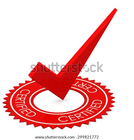 Certified red tick in a circle image with hi-res rendered artwork that could be used for any graphic design.