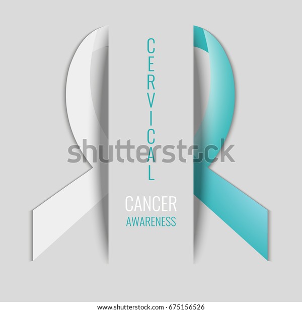 Cervical cancer awareness poster with teal and white\
ribbon on grey background. Ovarian cancer symbol. Medical concept.\
\
