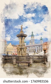 CESKE BUDEJOVICE  CZECH REPUBLIC  The main square and the Renesance Town Hall  Watercolor style illustration