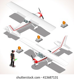 Cessna Airplane. Piper Ultralight Aircraft. Flat 3D Isometric Planes. Aeroplane 172 Object. Isometric Vehicles. Infographic Elements Icon Illustration.