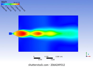 CFD analysis of 3D rocket nozzle in a software by a mechanical engineer, showing rocket exhaust flame developed in the rearwards. Velocity plot of the rocket nozzle static fire test.