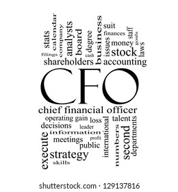 CFO Word Cloud Concept in black and white with great terms such as leader, finances, goals, profit and more.