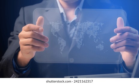 Cg collage businessman showing transparent tablet with digital world map