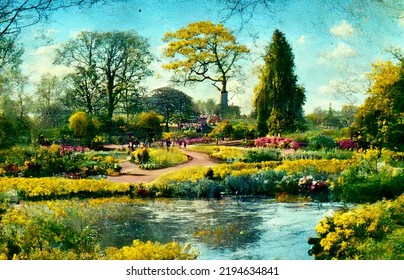 CG Illustration Of An English Garden With A Beautiful Pond.