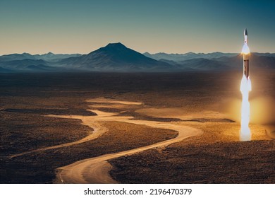 CG Illustration Of A Rocket Being Launched From The Wilderness.