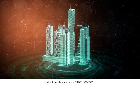 Cg Industry 3d Illustration, Wireframe Urban Buildings 3d Renders