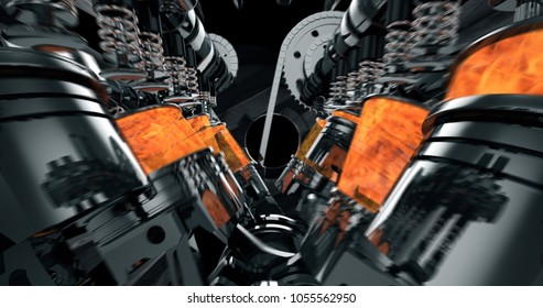 CG model of a working V8 engine with explosions and sparks. Pistons and other mechanical parts are in motion.