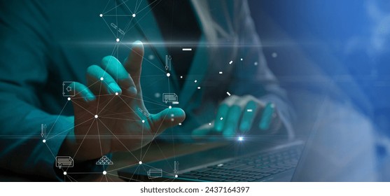 Cg tech collage. Against the background of a silhouette of an employee with a laptop, a polygonal network with symbols of digitalization of the banking sector and AI database protection. Tom 2. - Powered by Shutterstock